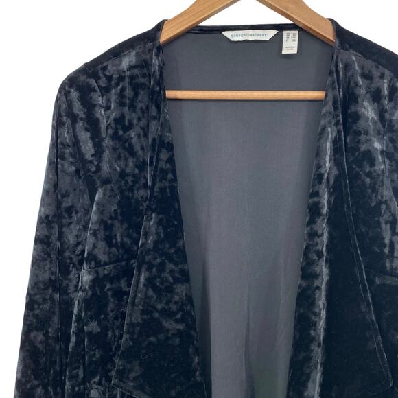 DENIM & CO CANYON RETREAT NWOT Crushed Velvet Draped Collar Cardigan Black XXS - Picture 3 of 7
